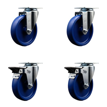 Service Caster 5'' Solid Poly Wheel Swivel Top Plate Caster Set with 2 Posi Brakes, 4PK SCC-20S514-SPUS-2-PLB-2